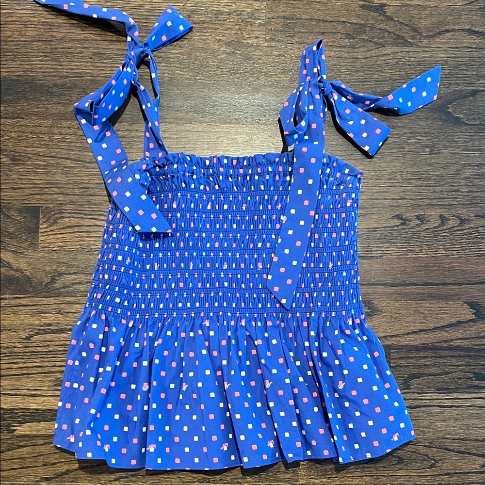 Lilly Pulitzer Blue Smocked Tank Top with Pink & White Dots